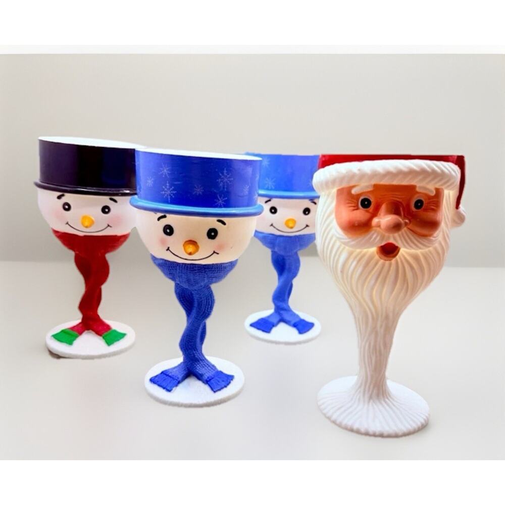 Christmas Goblets Santa and Snowman Set of 4 Easter Hard Plastic 1970s Vintage